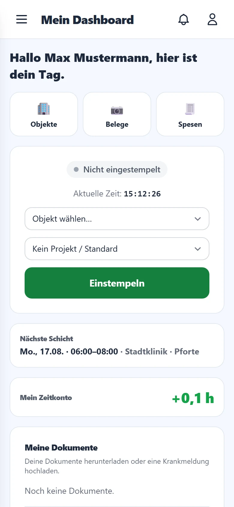 Handy · Mitarbeiter — einstempeln in zwei Sekunden, ein Daumen, keine App-Installation.